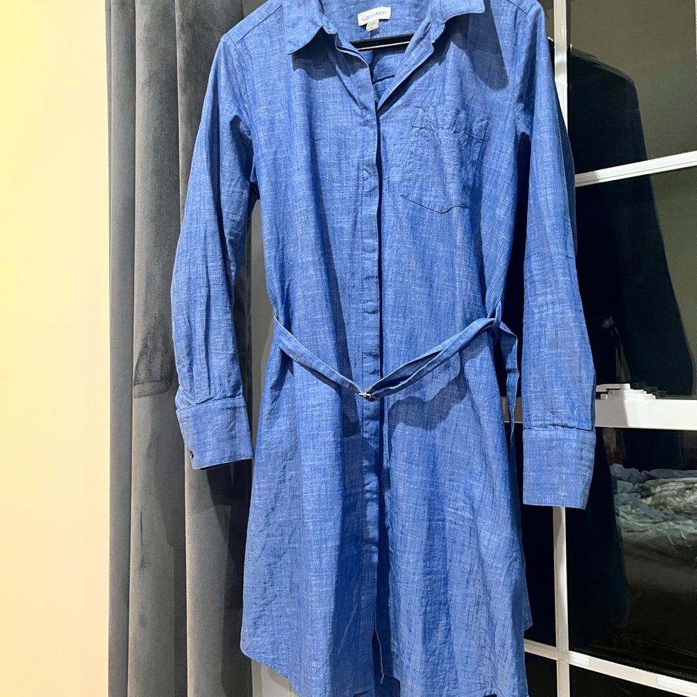 Calvin Klien Denim Button-Up Shirt Dress with a waistbelt.